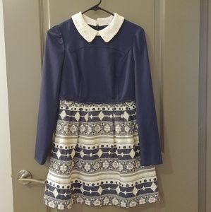 Navy blue floral embroidery dress